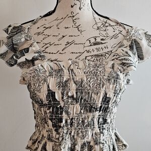 NWOT Indulge Dark Green On Cream Jungle Motif Smoked Crop Top W/ Ruffled Straps